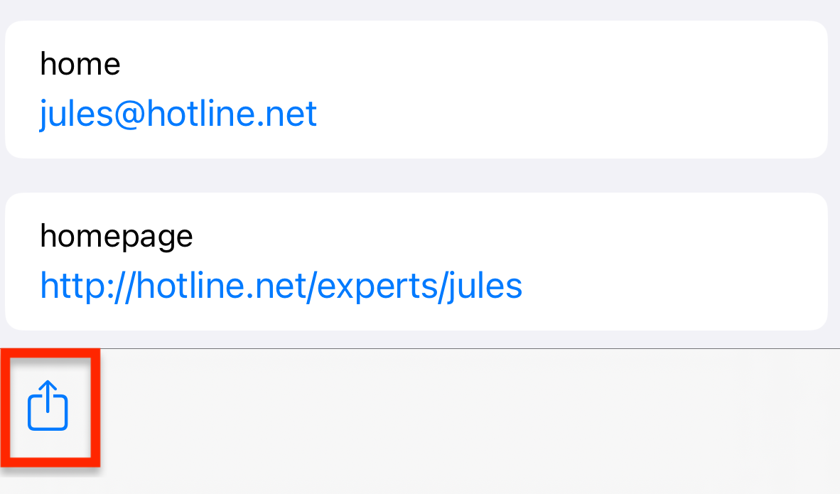 Contact card for Jules, highlighting the Share button