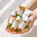 Skin1004 Madagascar Centella Travel Kit with centella leaves on marble