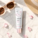 Medicube PDRN Pink Tone Up Sun Cream on surface with rose petals and sunlight