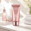 Medicube Collagen Firming Sun Cream on vanity with morning routine