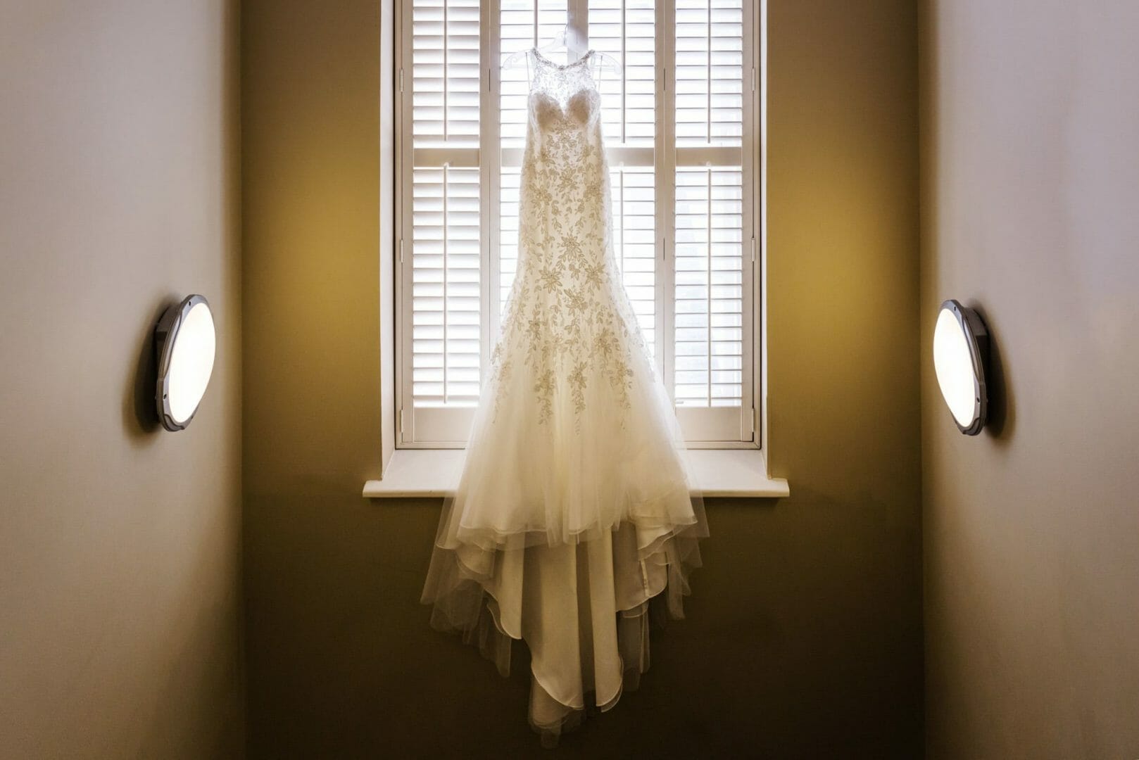 Wedding dress hanging at Kings Arms, Dorset