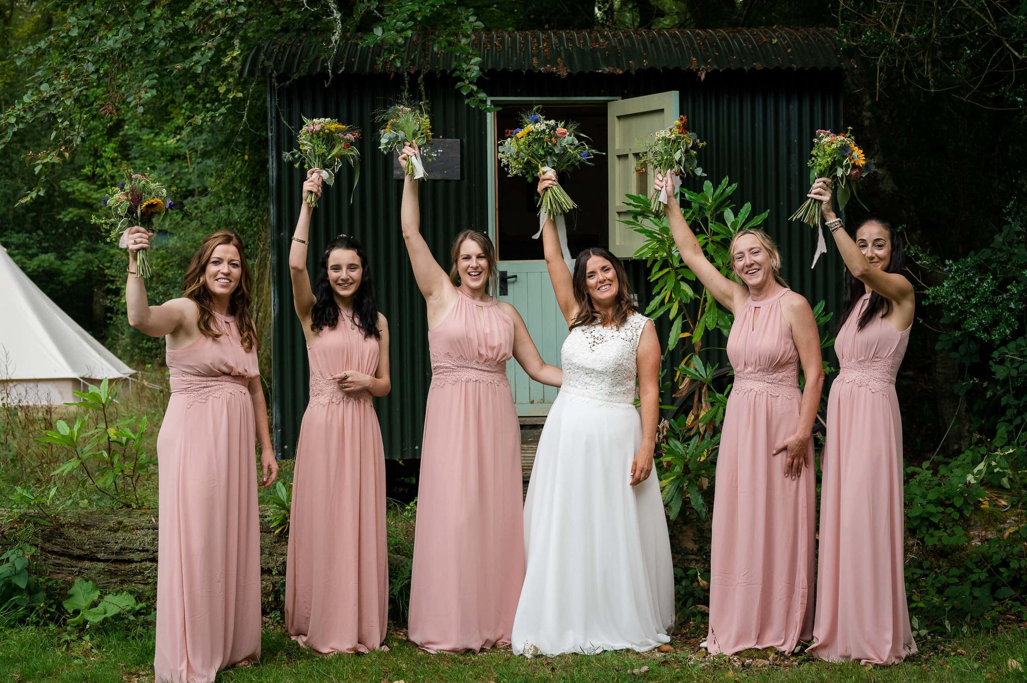 Bridesmaids at Shepherds hut in Weddings in the Wood