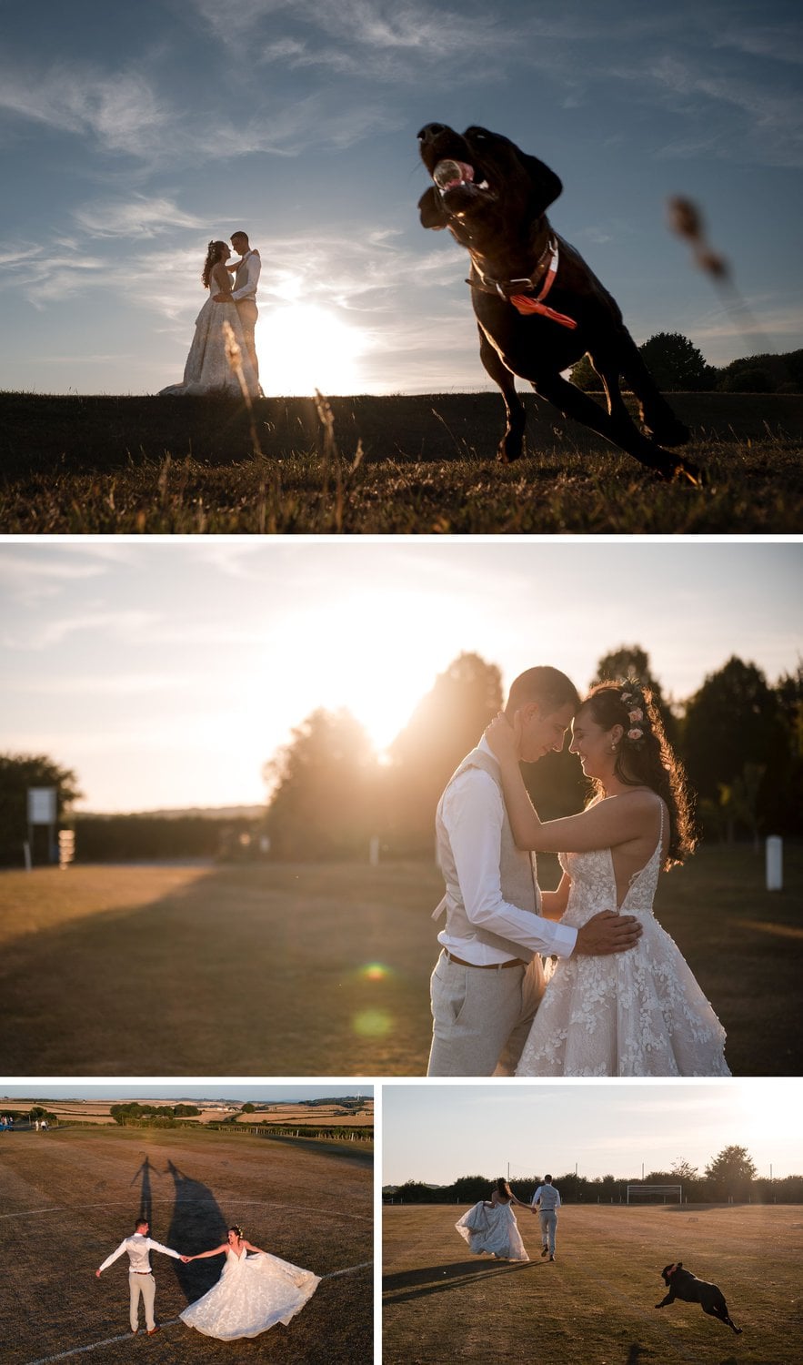 Fun with a dog during golden hour wedding portraits