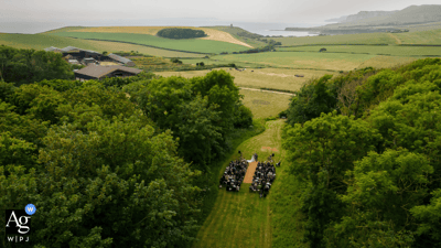 Drone photo of outdoor ceremony at Smedmore house