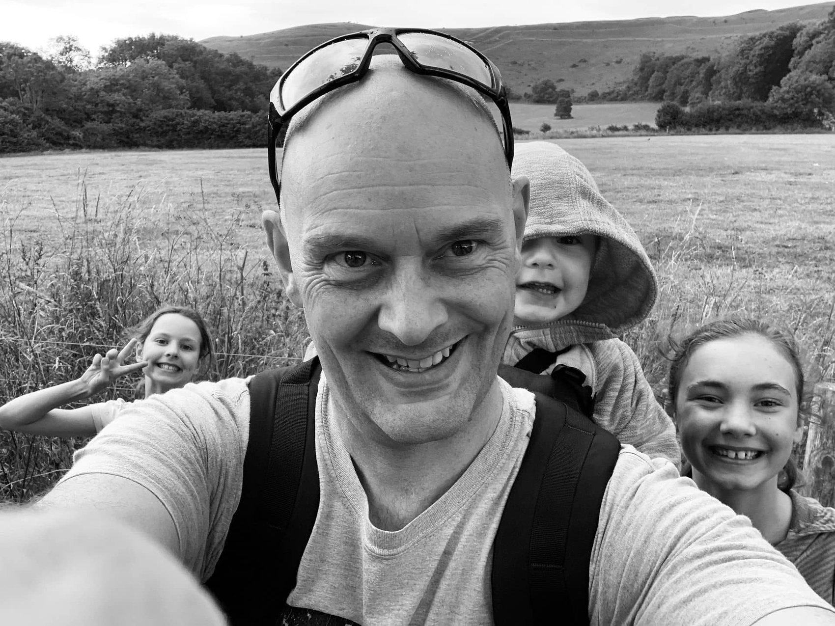 black and white family selfie