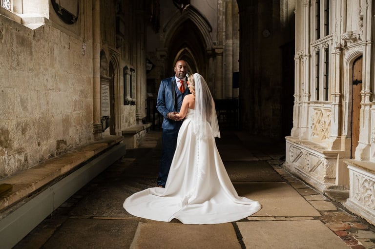 Bride and Groom in the Cloisters of Christchurch Priory