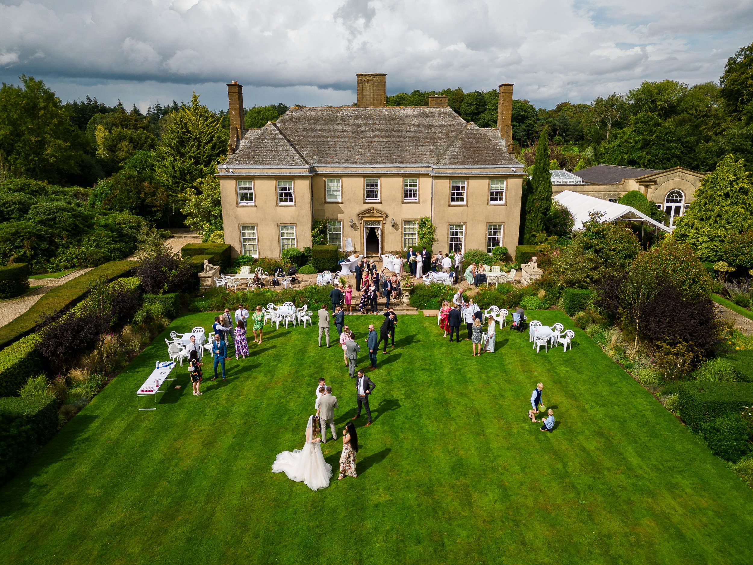 Hethfelton House wedding in the carden from the air
