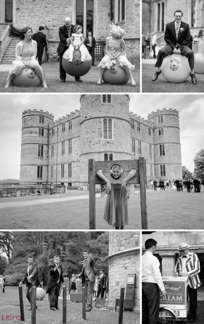 wedding guest in stocks at Lulworth Castle