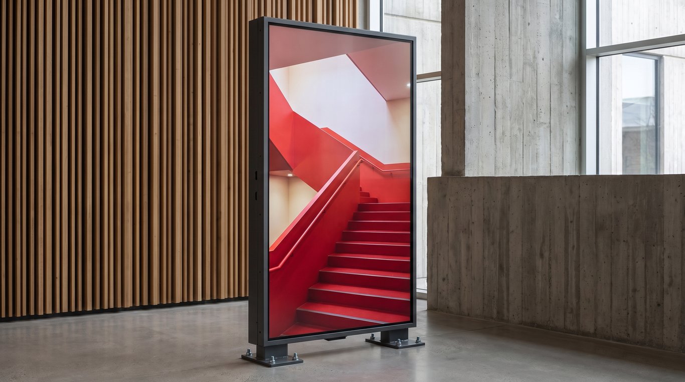 High-brightness LCD display installed in a commercial interior, screen lit and running content