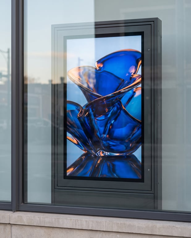 Bar-type LCD panel built into a narrow architectural opening in a modern interior