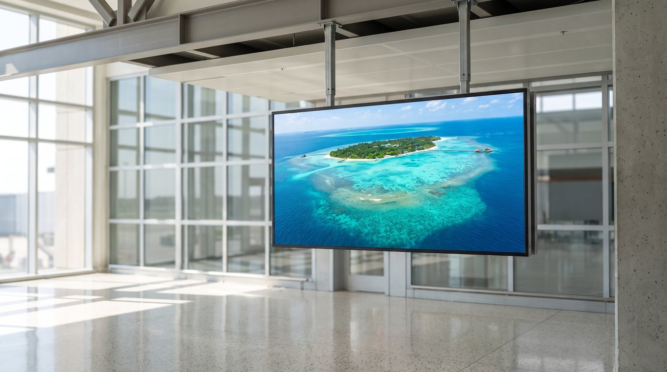Brightly lit high-brightness LCD signage display photographed in daylight, screen clearly readable