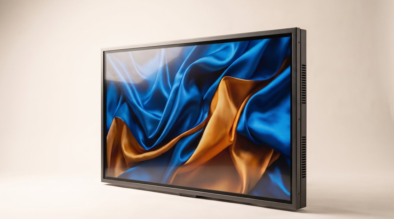 Mirror-finish touch kiosk standing in a hotel lobby