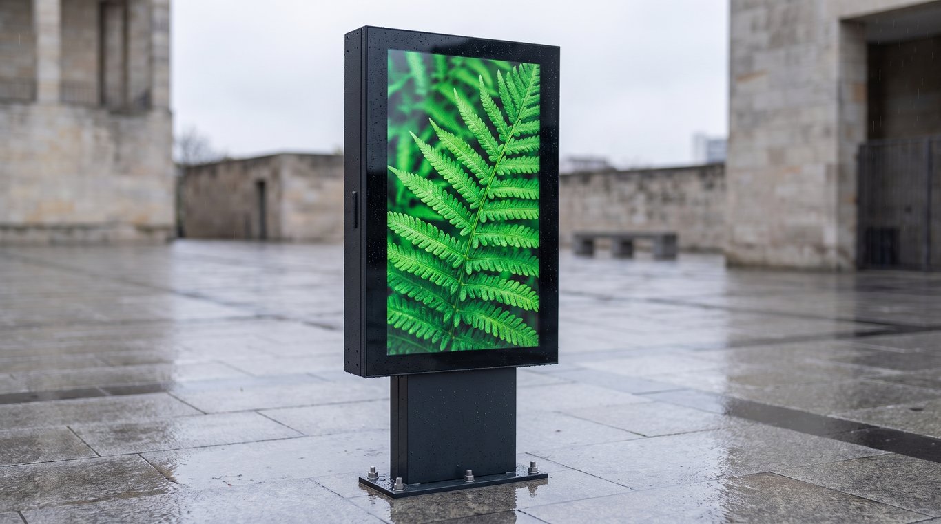 Digital signage display installed in a bright commercial interior, switched on