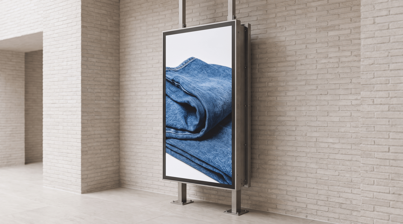 Digital signage screen showing bright content in a busy commercial space