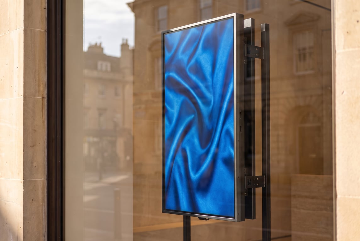 Outdoor IP65 digital signage board standing in a public square