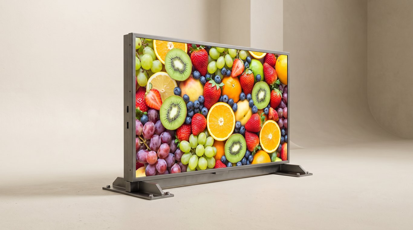 Custom-built high-brightness display panel and its enclosure photographed after installation