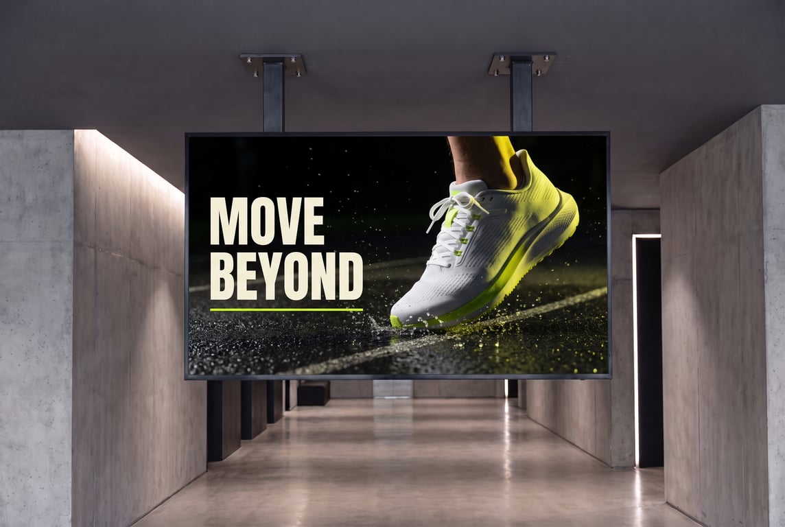 Large high-brightness display mounted on a wall in a commercial interior space