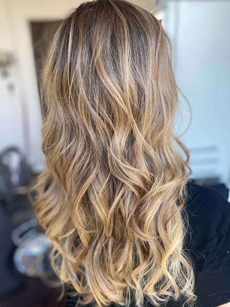 Image of  Women's Hair, Blowout, Hair Color, Balayage, Blonde, Brunette, Foilayage, Highlights, Long Hair (Upper Back Length), Hair Length , Haircut , Layers, Beachy Waves, Hairstyle, Curls