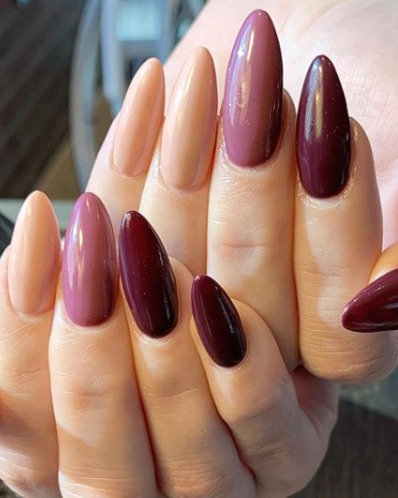 Image of  Nails, Beige, Nail Color, Purple, Pink, Gel, Nail Finish, Long, Nail Length, Stiletto, Nail Shape, Mix-and-Match, Nail Style