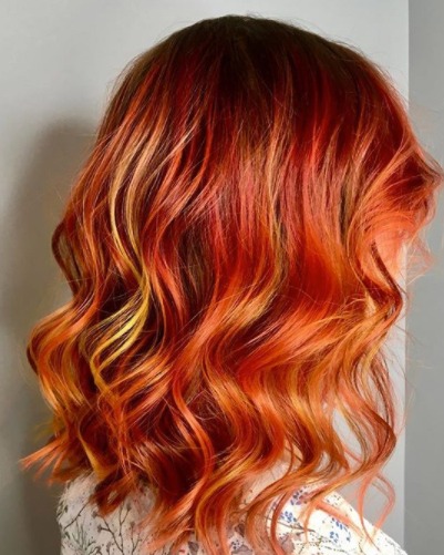 Image of  Women's Hair, Balayage, Hair Color, Fashion Color, Red, Shoulder Length Hair, Hair Length , Beachy Waves, Hairstyle