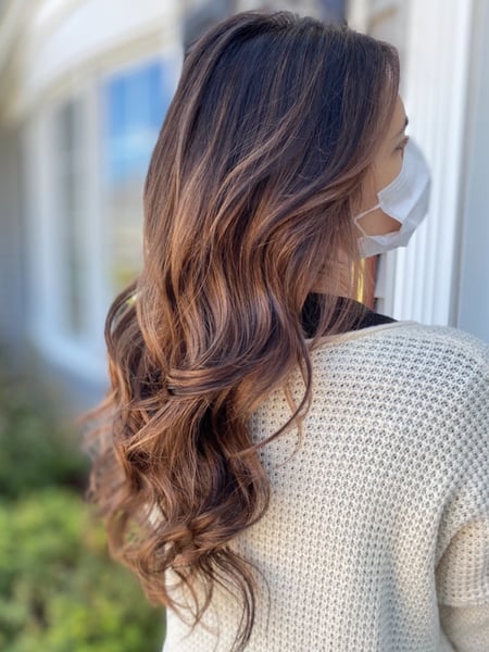 Image of  Women's Hair, Hair Color, Balayage, Brunette, Foilayage, Long Hair (Mid Back Length), Hair Length , Curls, Hairstyle