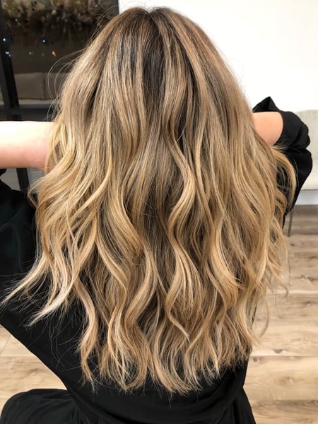 Image of  Women's Hair, Balayage, Color, Fashion Color, Blonde, Highlights, Foilayage, Long Hair (Mid Back Length), Hair Length (Women's Hair), Layers, Haircut (Style), Beachy Waves, Style