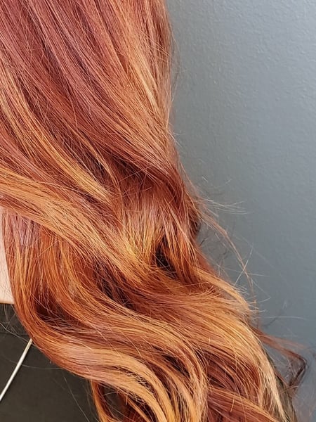 Image of  Women's Hair, Color, Balayage, Full Color, Red, Long Hair (Upper Back Length), Hair Length (Women's Hair), Long Hair (Mid Back Length), Layers, Haircut (Style), Beachy Waves, Style