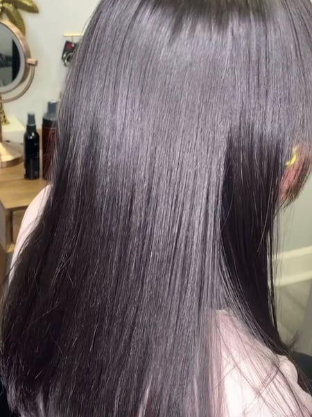 Image of  Women's Hair, Black, Hair Color, Long Hair (Mid Back Length), Hair Length , Blunt (Women's Haircut), Haircut , Silk Press, Smoothing 