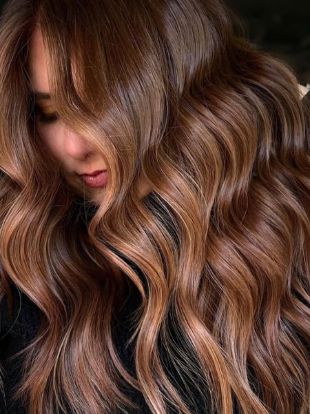 Image of  Women's Hair, Balayage, Color, Brunette, Long Hair (Mid Back Length), Hair Length (Women's Hair), Layers, Haircut (Style), Beachy Waves, Style