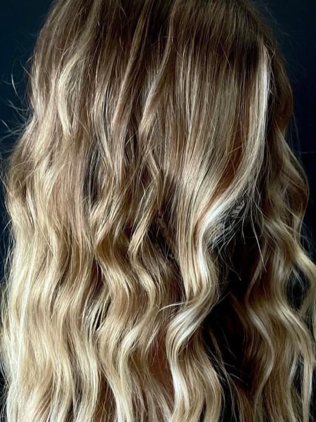Image of  Women's Hair, Balayage, Color, Blonde, Highlights, Long Hair (Mid Back Length), Hair Length (Women's Hair), Beachy Waves, Style