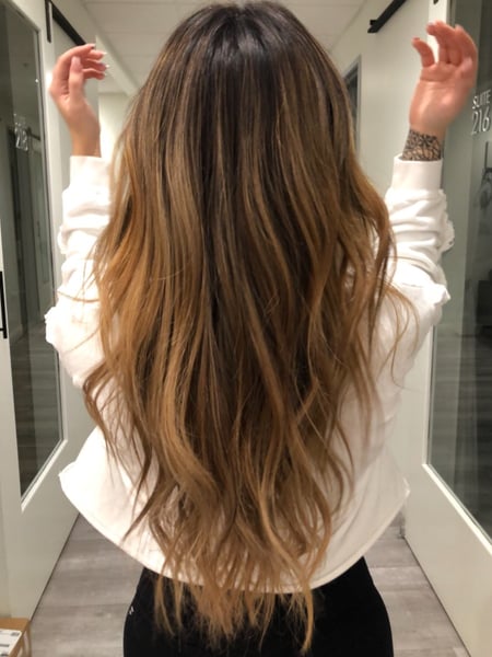 Image of  Women's Hair, Balayage, Color, Brunette, Color Correction, Foilayage, Highlights, Ombré, Long Hair (Mid Back Length), Hair Length (Women's Hair), Blunt (Women's Haircut), Haircut (Style), Beachy Waves, Style