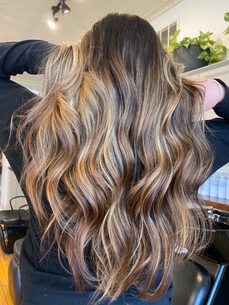 Image of  Women's Hair, Blowout, Color, Balayage, Blonde, Color Correction, Foilayage, Full Color, Highlights, Ombré, Hair Length (Women's Hair), Long Hair (Mid Back Length), Haircut (Style), Layers, Style, Beachy Waves, Curls
