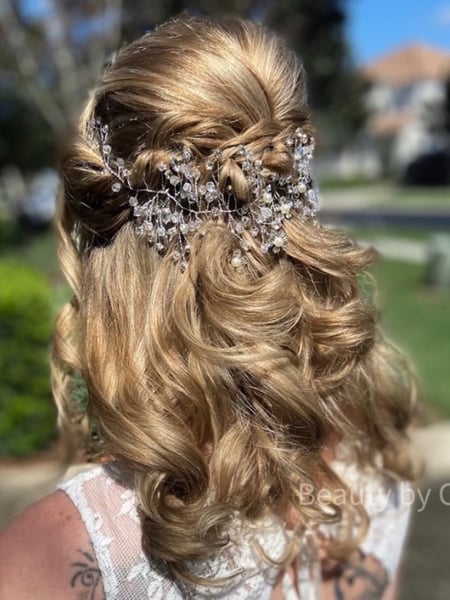 Image of  Women's Hair, Blonde, Color, Long Hair (Mid Back Length), Hair Length (Women's Hair), Braid (Boho Chic), Style, Bridal, Curls, Updo