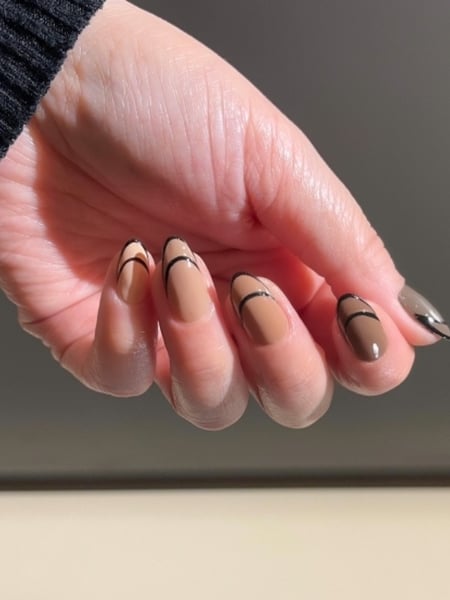 Image of  Nails, Manicure, Gel, Nail Finish, Medium, Nail Length, Brown, Nail Color, Black, Beige, Hand Painted, Nail Style, French Manicure, Oval, Nail Shape