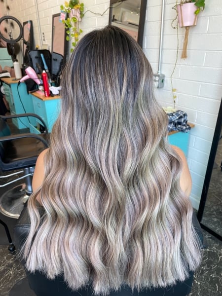 Image of  Women's Hair, Color Correction, Color, Highlights, Full Color, Foilayage, Fashion Color, Blonde, Balayage, Long Hair (Mid Back Length), Hair Length (Women's Hair), Blunt (Women's Haircut), Haircut (Style), Beachy Waves, Style