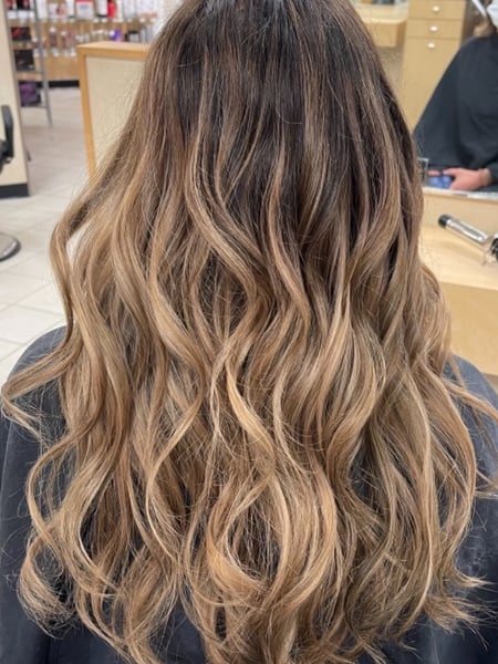 Image of  Women's Hair, Balayage, Hair Color, Blonde, Brunette, Color Correction, Foilayage, Long Hair (Mid Back Length), Hair Length , Layers, Haircut , Beachy Waves, Hairstyle, Curls, Hair Restoration