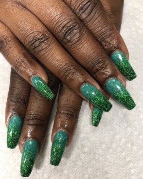 Image of  Nails, Green, Nail Color, Glitter, Acrylic, Nail Finish, Long, Nail Length, Coffin, Nail Shape, Hand Painted, Nail Style