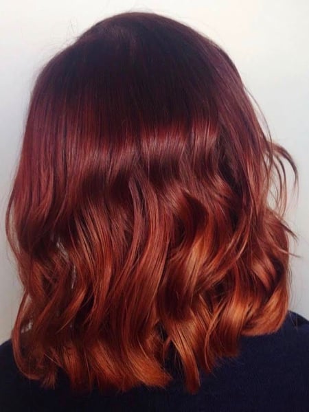 Image of  Women's Hair, Red, Hair Color, Ombré, Full Color, Shoulder Length Hair, Hair Length , Blunt (Women's Haircut), Haircut , Beachy Waves, Hairstyle