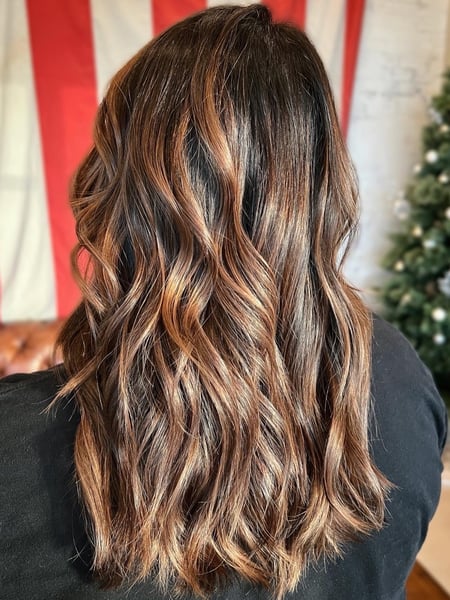 Image of  Women's Hair, Blowout, Hair Color, Balayage, Brunette, Foilayage, Highlights, Long Hair (Upper Back Length), Hair Length , Layers, Haircut , Beachy Waves, Hairstyle