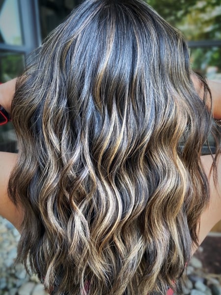Image of  Women's Hair, Hair Color, Balayage, Brunette, Foilayage, Highlights, Long Hair (Upper Back Length), Hair Length , Long Hair (Mid Back Length), Layers, Haircut , Beachy Waves, Hairstyle