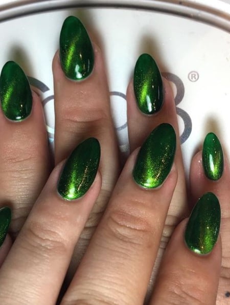 Image of  Nails, Green, Nail Color, Metallic, Gel, Nail Finish, Medium, Nail Length, Almond, Nail Shape