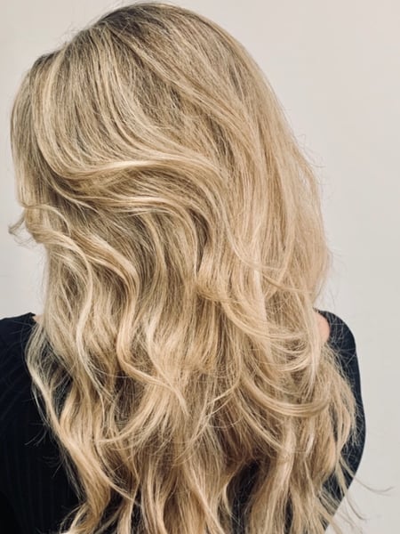 Image of  Women's Hair, Blowout, Hair Color, Blonde, Highlights, Long Hair (Mid Back Length), Hair Length 
