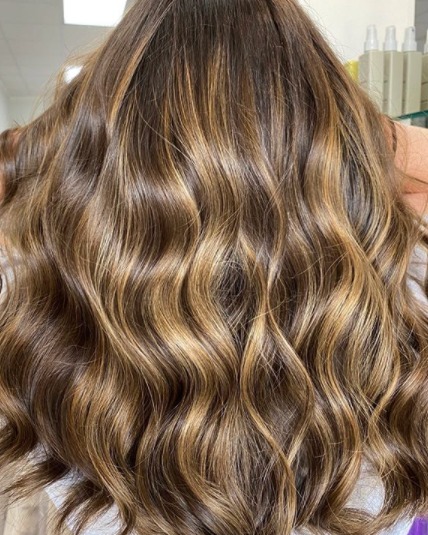 Image of  Women's Hair, Balayage, Hair Color, Brunette, Long Hair (Mid Back Length), Hair Length , Beachy Waves, Hairstyle