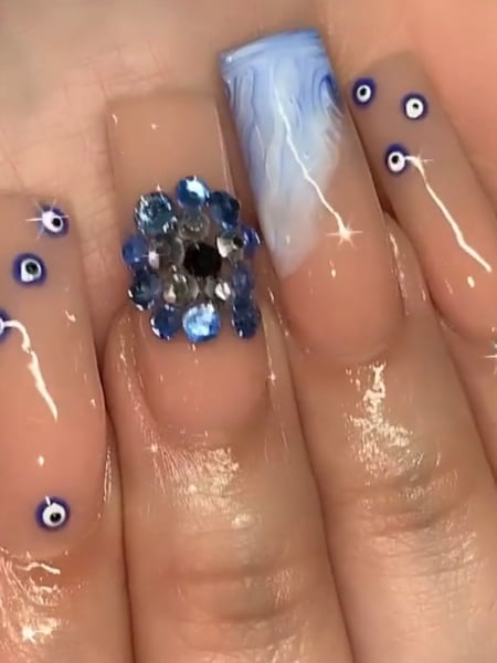 Image of  Nails, Acrylic, Nail Finish, Long, Nail Length, Blue, Nail Color, White, Accent Nail, Nail Style, Hand Painted, Jewels, Mix-and-Match, Stiletto, Nail Shape