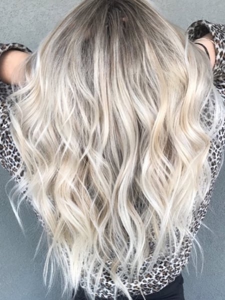 Image of  Women's Hair, Balayage, Color, Blonde, Foilayage, Highlights, Long Hair (Mid Back Length), Hair Length (Women's Hair), Beachy Waves, Style, Layers, Haircut (Style)