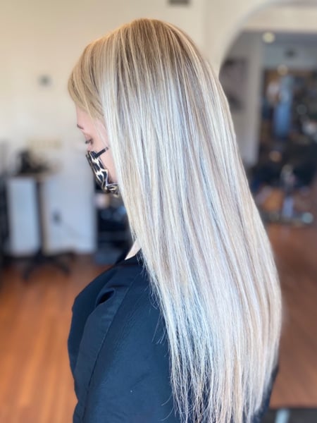 Image of  Women's Hair, Balayage, Hair Color, Blonde, Foilayage, Highlights, Long Hair (Mid Back Length), Hair Length , Extensions, Hairstyle, Straight