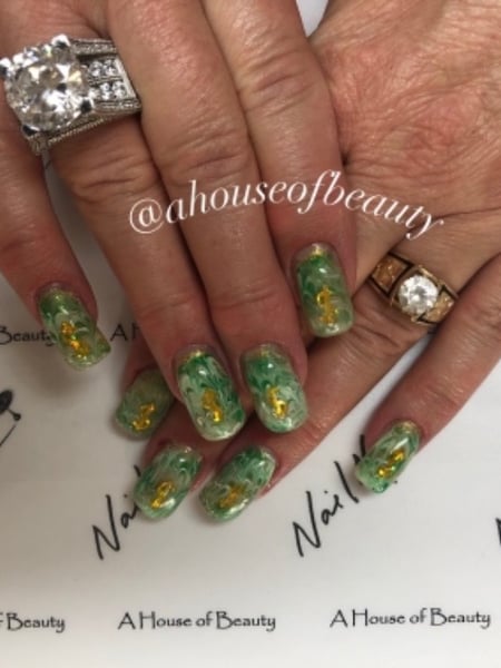 Image of  Nails, Gel, Nail Finish, Medium, Nail Length, Green, Nail Color, Light Green, Gold, Hand Painted, Nail Style, Jewels, Nail Art, Square, Nail Shape