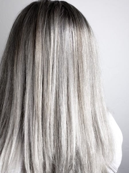 Image of  Women's Hair, Blowout, Hair Color, Color Correction, Silver, Hair Length , Long Hair (Mid Back Length), Haircut , Layers, Hairstyle, Straight