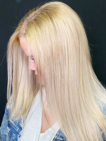 Image of  Women's Hair, Blonde, Hair Color, Color Correction, Long Hair (Upper Back Length), Hair Length , Straight, Hairstyle