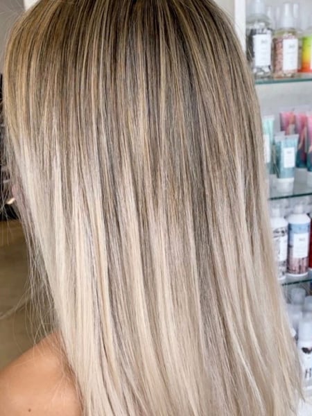 Image of  Women's Hair, Blowout, Blonde, Color, Long Hair (Upper Back Length), Hair Length (Women's Hair), Blunt (Women's Haircut), Haircut (Style), Straight, Style